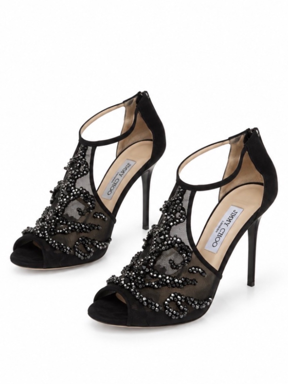 Jimmy Choo Beaded Mesh Peep Toe Pumps 9.5 39.5 Black Suede T Strap Heels Glam